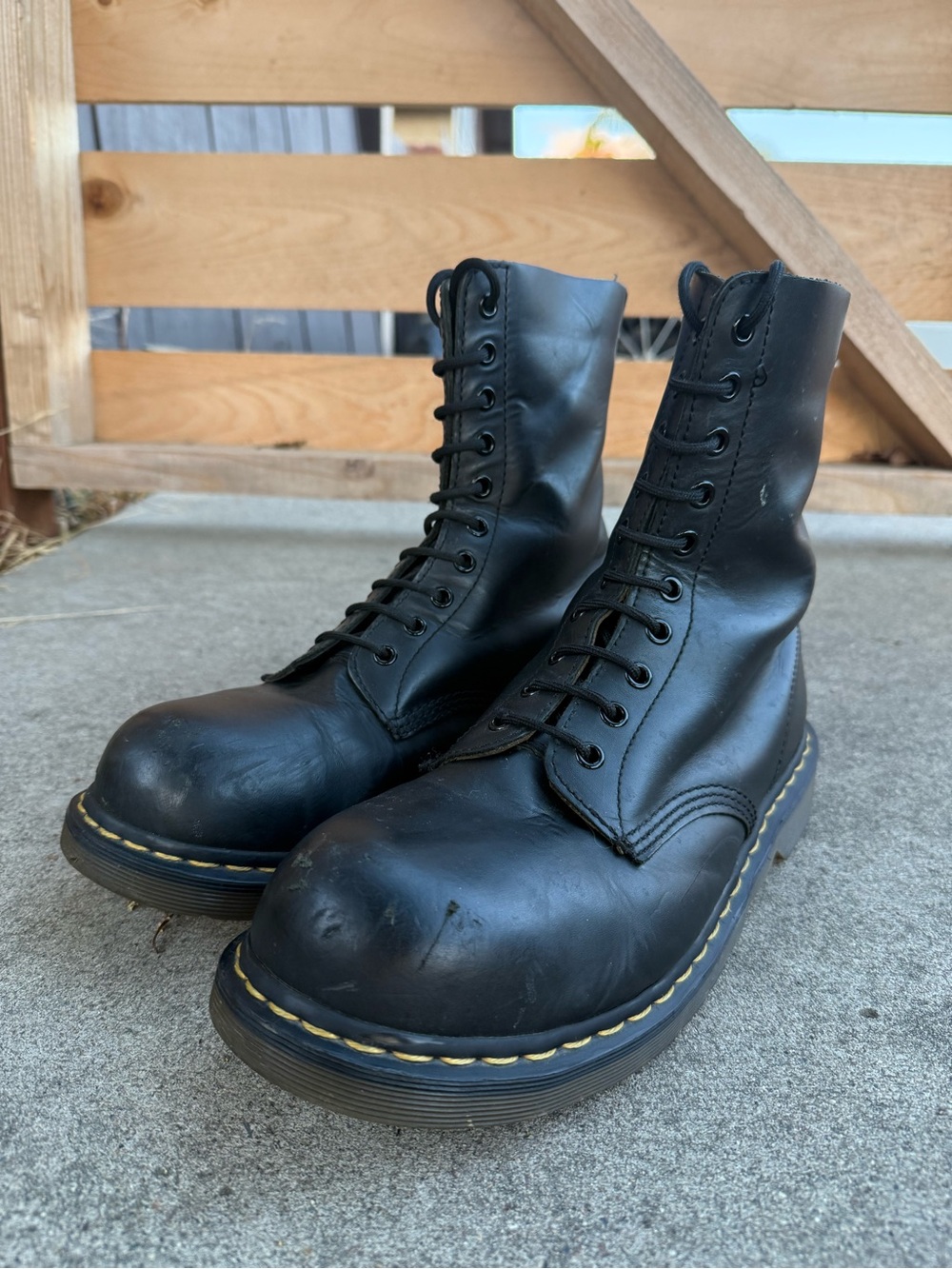 Discontinued 1919 Dr. Martens Black Lace-Up Combat Boots with Yellow Stitching